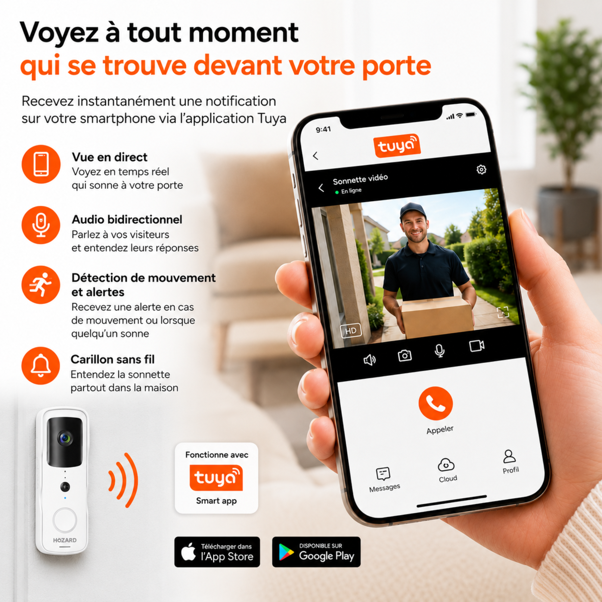 Sonnette avec Caméra et DingDong – Visiophone Sans Fil – 5200 mAh - Blanc