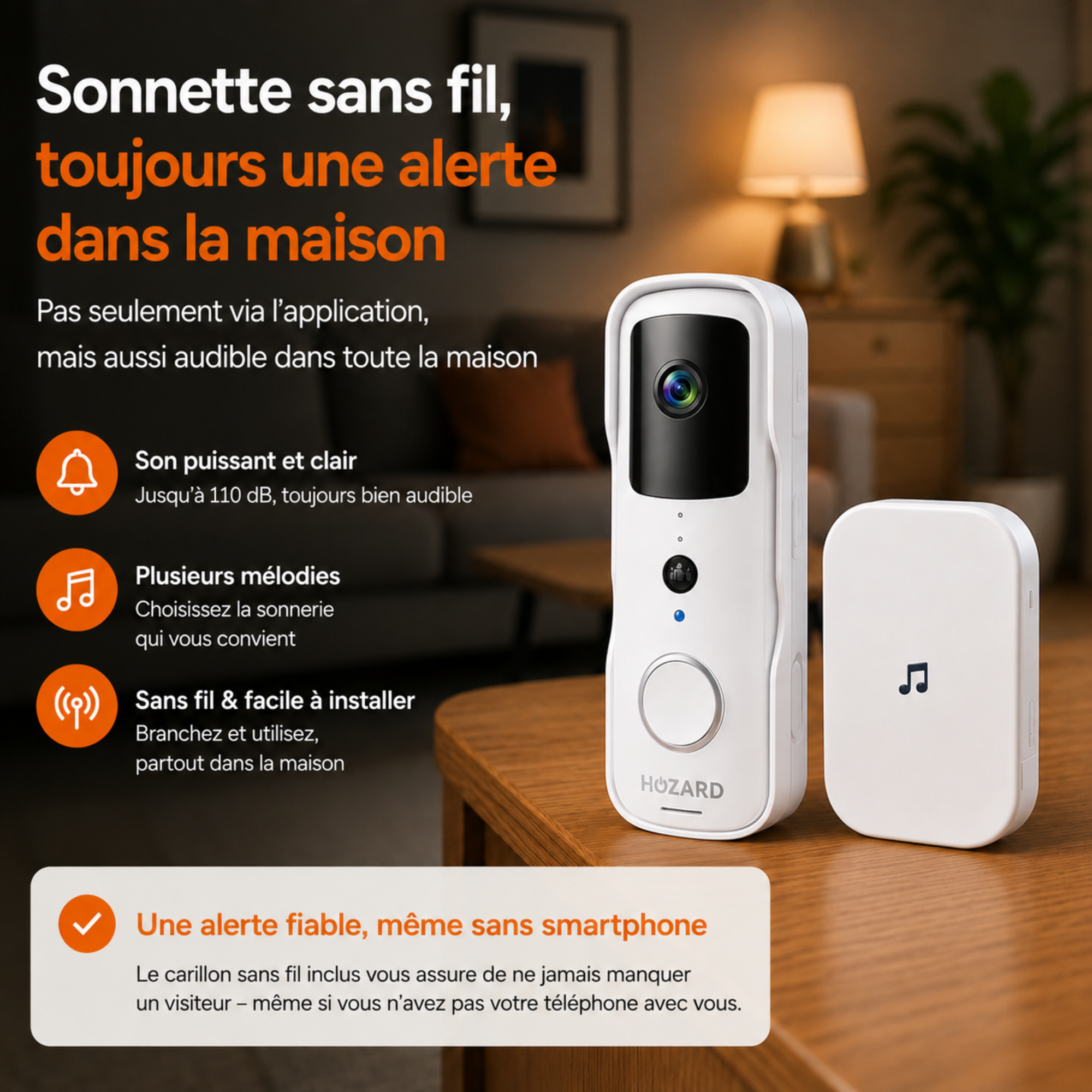 Sonnette avec Caméra et DingDong – Visiophone Sans Fil – 5200 mAh - Blanc