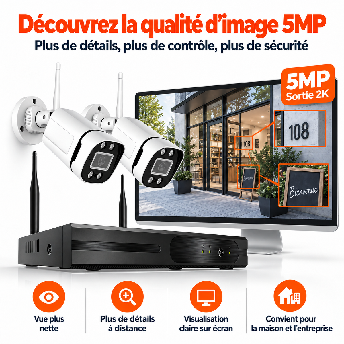 4x 2K Caméras de Surveillance - CCTV - WiFi Bullet Caméra de Sécurité