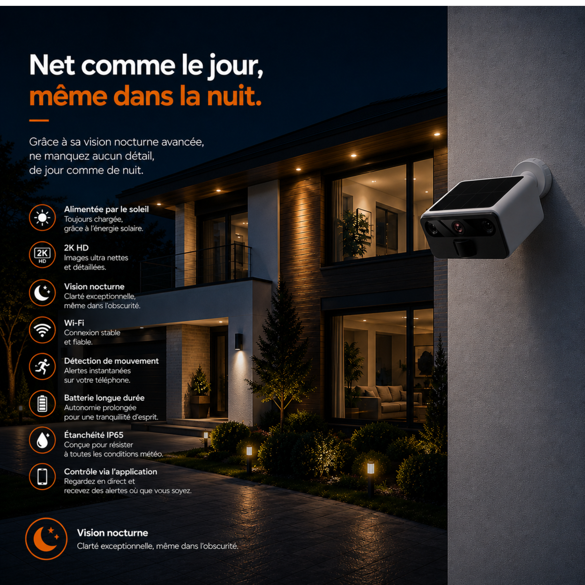 Caméra de sécurité 2K avec vision nocturne – solaire & IP66 – WiFi