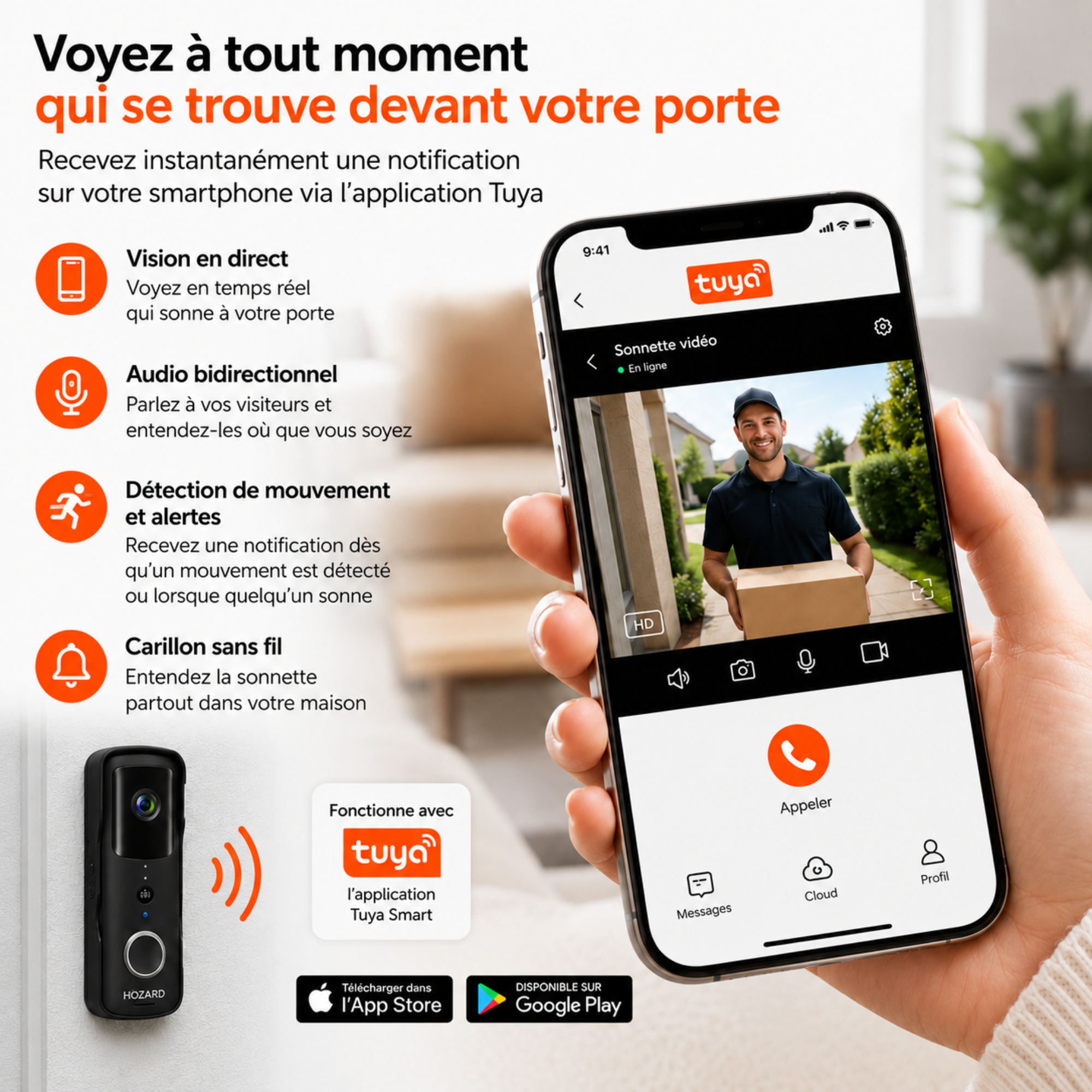 Sonnette avec Caméra et DingDong – Visiophone Sans Fil – 5200 mAh - Noir