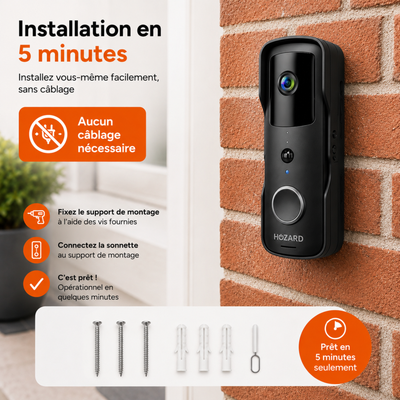 Sonnette avec Caméra et DingDong – Visiophone Sans Fil – 5200 mAh - Noir