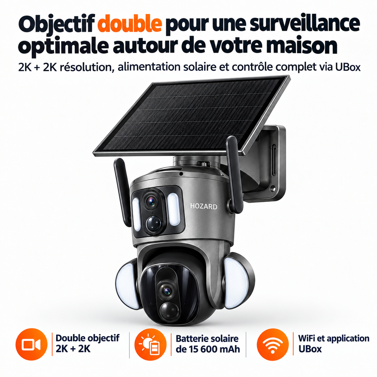 4G Caméras de Surveillance - 2K + 2K Dual Lens PTZ - IP65 Solar - 15.600 mAh