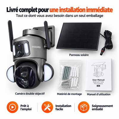 4G Caméras de Surveillance - 2K + 2K Dual Lens PTZ - IP65 Solar - 15.600 mAh