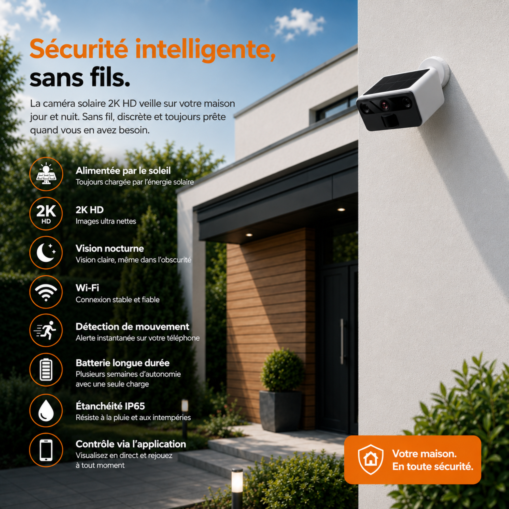 Caméra de sécurité 2K avec vision nocturne – solaire & IP66 – WiFi