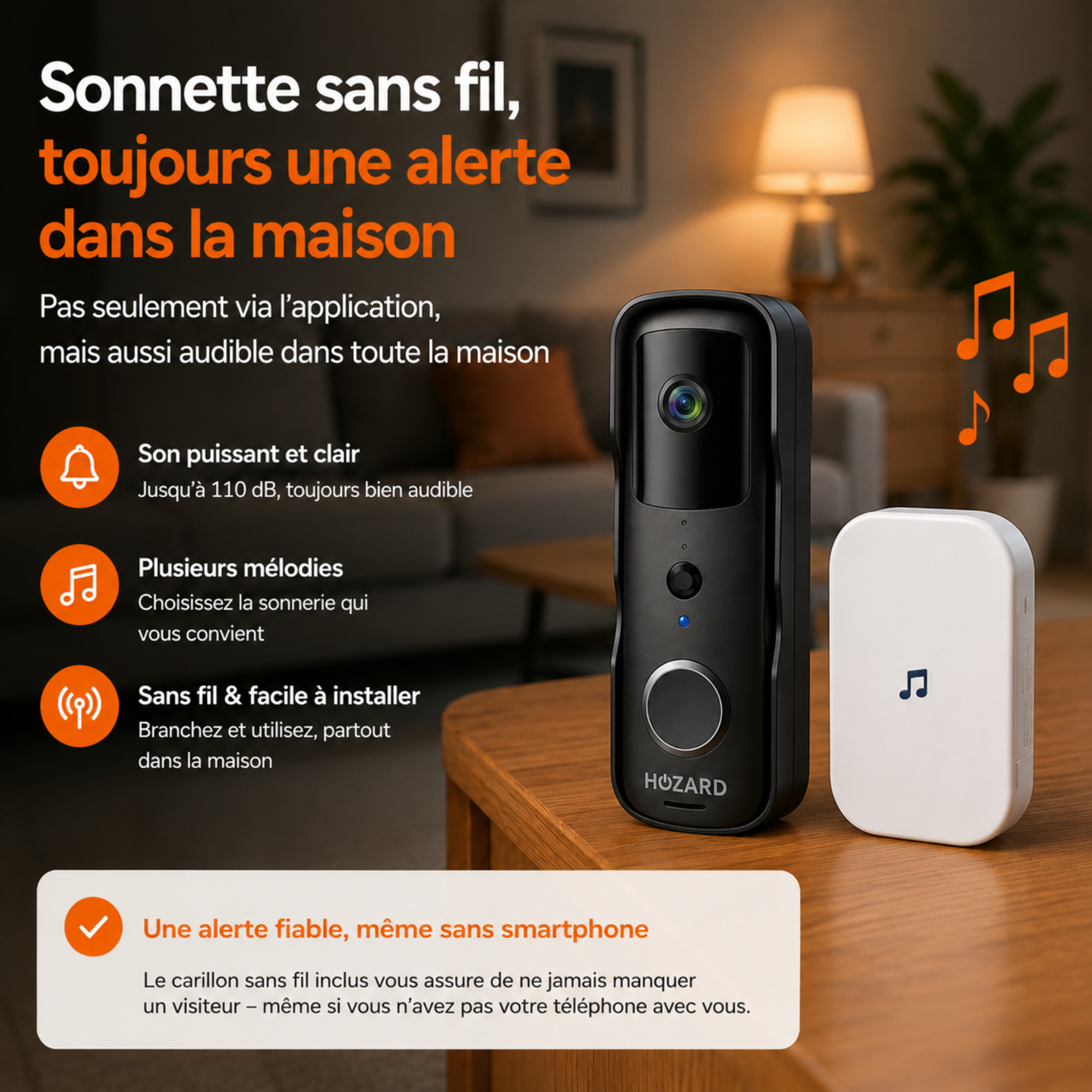 Sonnette avec Caméra et DingDong – Visiophone Sans Fil – 5200 mAh - Noir