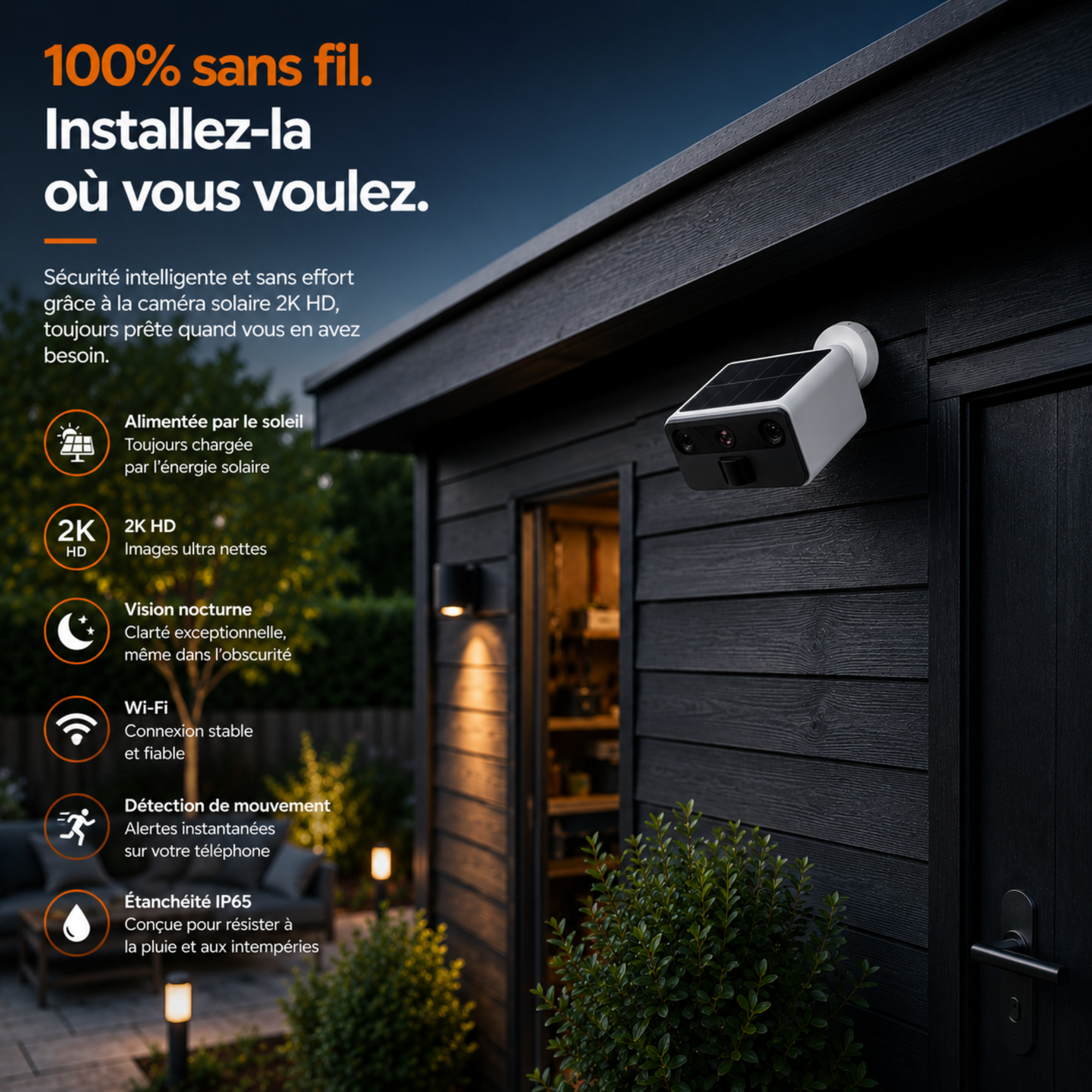 Caméra de sécurité 2K avec vision nocturne – solaire & IP66 – WiFi