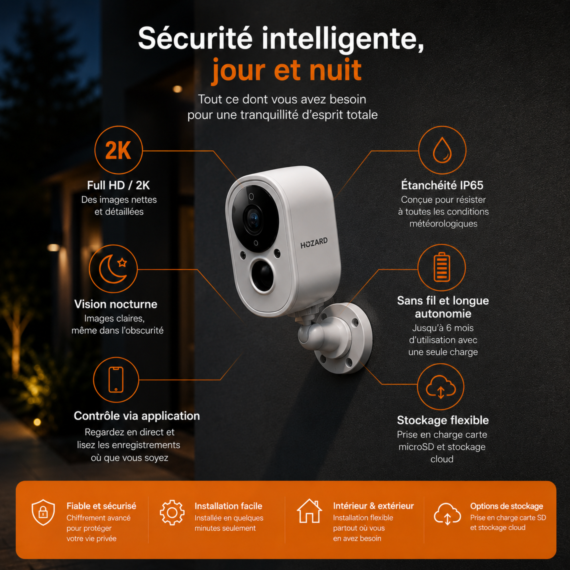 Caméra de surveillance 2,5K UHD intérieure & extérieure – caméra WiFi sans fil à batterie