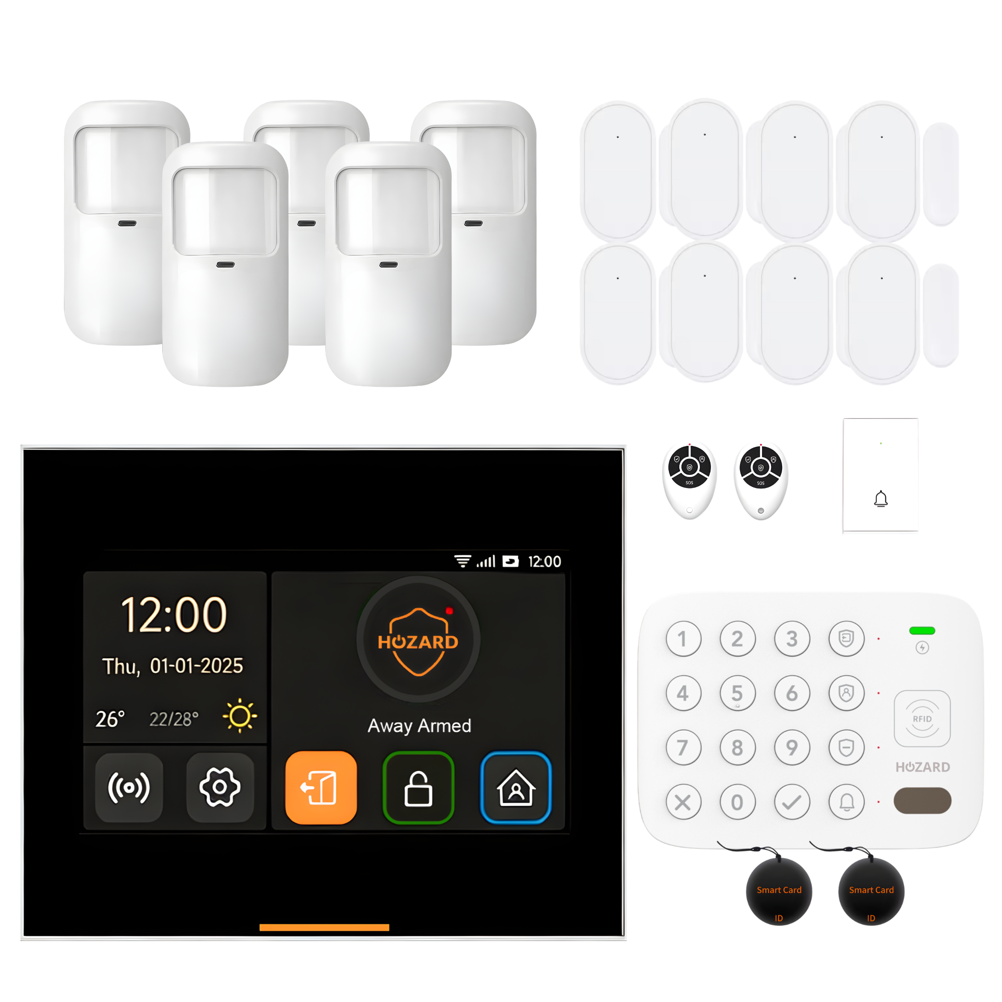 Système d'alarme sans fil avec détecteurs de mouvement, contacts magnétiques, panneau de commande et télécommande.