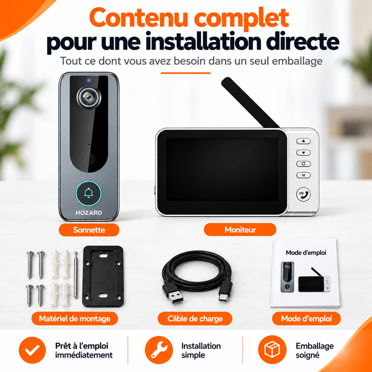 Sonnette vidéo avec moniteur - Écran 4,5 pouces
